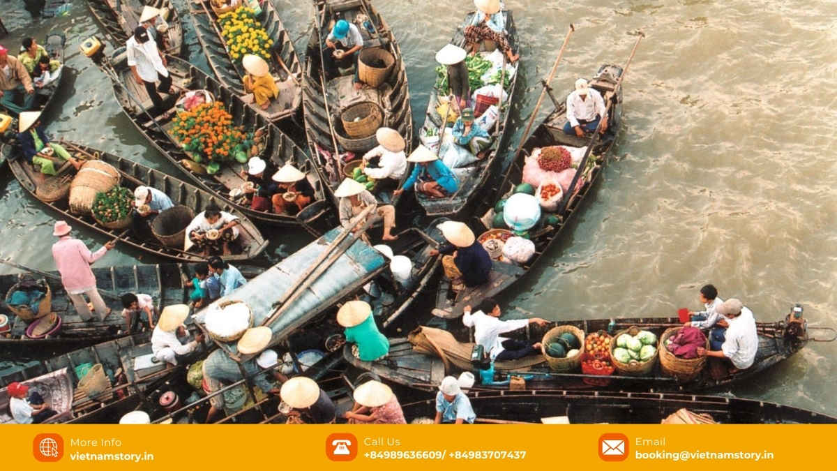 Discover the Vibrant Floating Markets in Vietnam: An Unforgettable Mekong Delta Experience 11 Cai Be floating market on the Tien River offers a convenient glimpse into river trade, accessible as a day trip from Ho Chi Minh City.