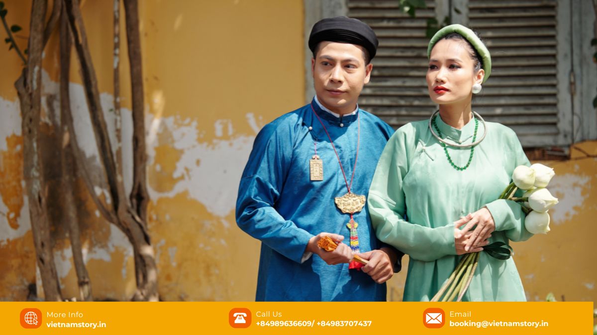 The elegant Áo Dài, a traditional Vietnamese dress cherished by both men and women. Man and woman wearing elegant traditional Vietnamese Ao Dai