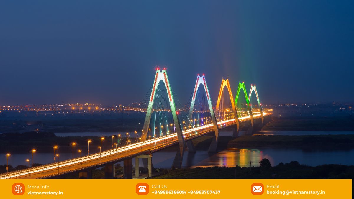 Top Vietnam Bridges: Must-Visit Architectural Marvels for Your Tour 6 Nhat Tan Bridge Hanoi at night illuminated cable-stayed Vietnam