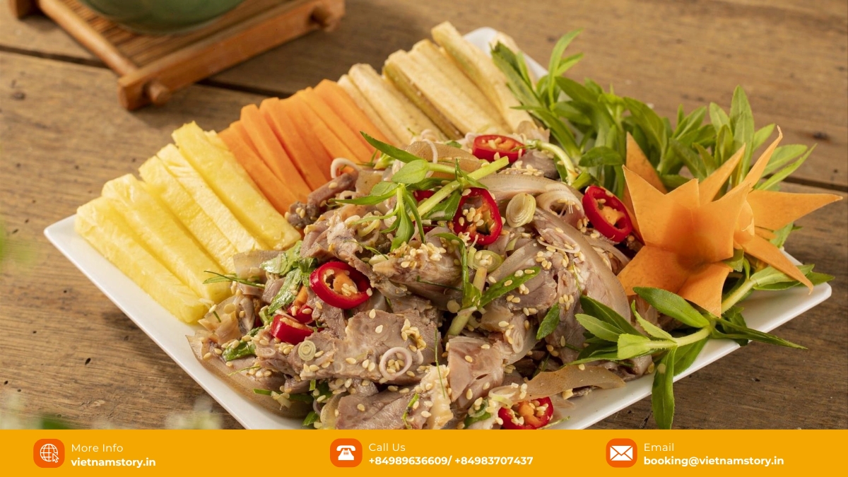 Ninh Binh's signature dish: Rare goat meat with lemon (De Tai Chanh) garnished with peanuts and herbs. Ninh Binh's signature dish: Rare goat meat with lemon (De Tai Chanh) garnished with peanuts and herbs.