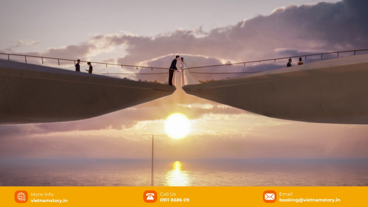 Aerial view of the two separate walkways of Kiss Bridge Phu Quoc reaching towards each other over the turquoise sea. Aerial view of the two separate walkways of Kiss Bridge Phu Quoc reaching towards each other over the turquoise sea.