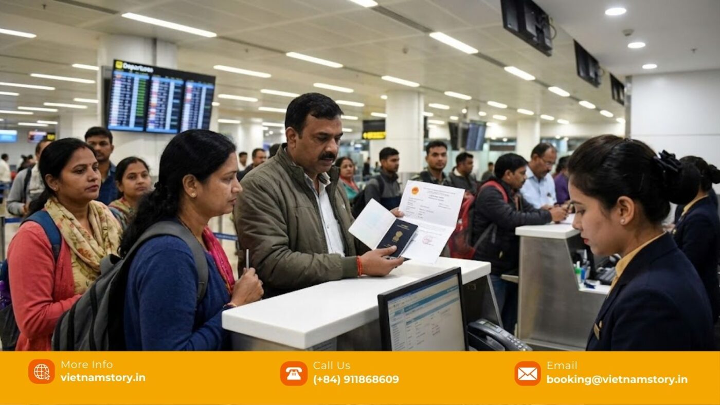 Vietnam Visa And Entry Requirements For Travellers From Delhi 3 Indian travellers at Delhi airport showing passport and Vietnam e-visa during airline check-in