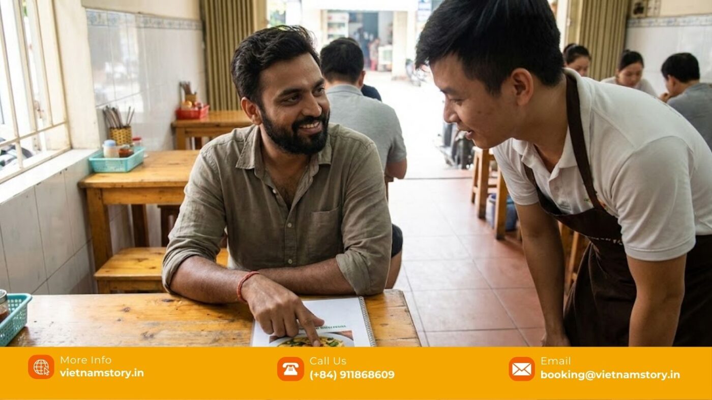 Indian Food, Vegetarian Options, And Comfort Tips In Vietnam For Delhi Travellers 2 Indian traveller from Delhi ordering vegetarian food clearly at a Vietnamese restaurant