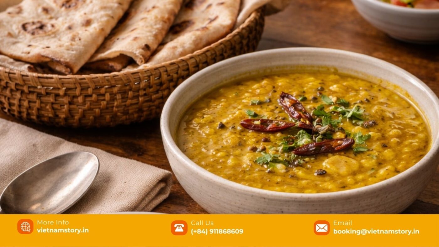Indian Food, Vegetarian Options, And Comfort Tips In Vietnam For Delhi Travellers 3 Indian vegetarian comfort meal such as dal, roti, and rice served in Vietnam for Delhi travellers