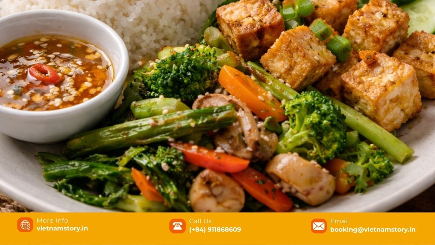 Best Vietnam Tour Packages From Bangalore By Traveller Type 6 Vegetarian Vietnamese meal with tofu, rice, vegetables, and fresh herbs suitable for Indian travellers from Delhi
