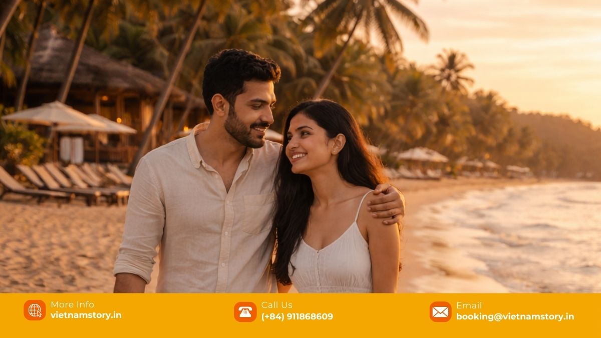 Best Vietnam Tour Packages From Delhi by Traveller Type 2 Indian honeymoon couple enjoying a peaceful Vietnam beach resort after flying from Delhi
