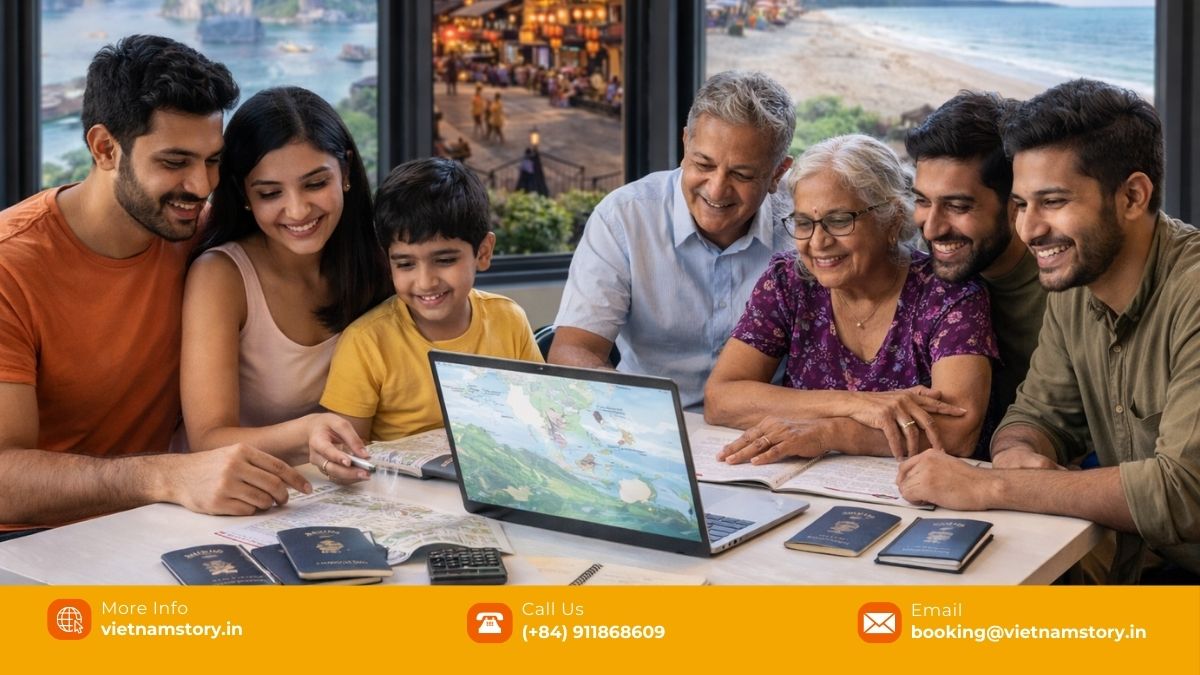 Best Vietnam Tour Packages From Delhi by Traveller Type 1 Indian travellers from Delhi planning a Vietnam tour together, reviewing destinations and travel styles