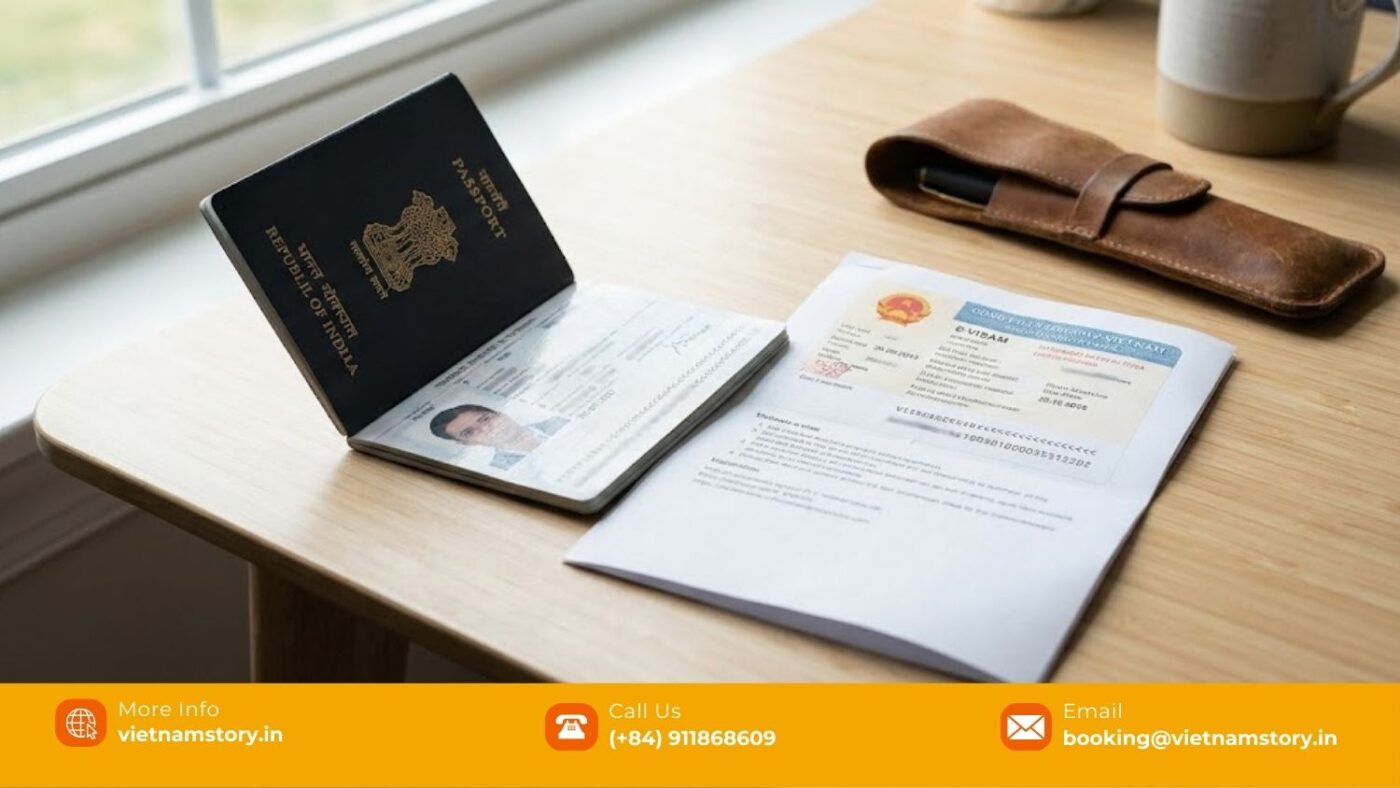 Vietnam Visa And Entry Requirements For Travellers From Delhi 1 Indian passport with Vietnam e-visa printout placed on a travel desk, representing visa preparation for travellers from Delhi