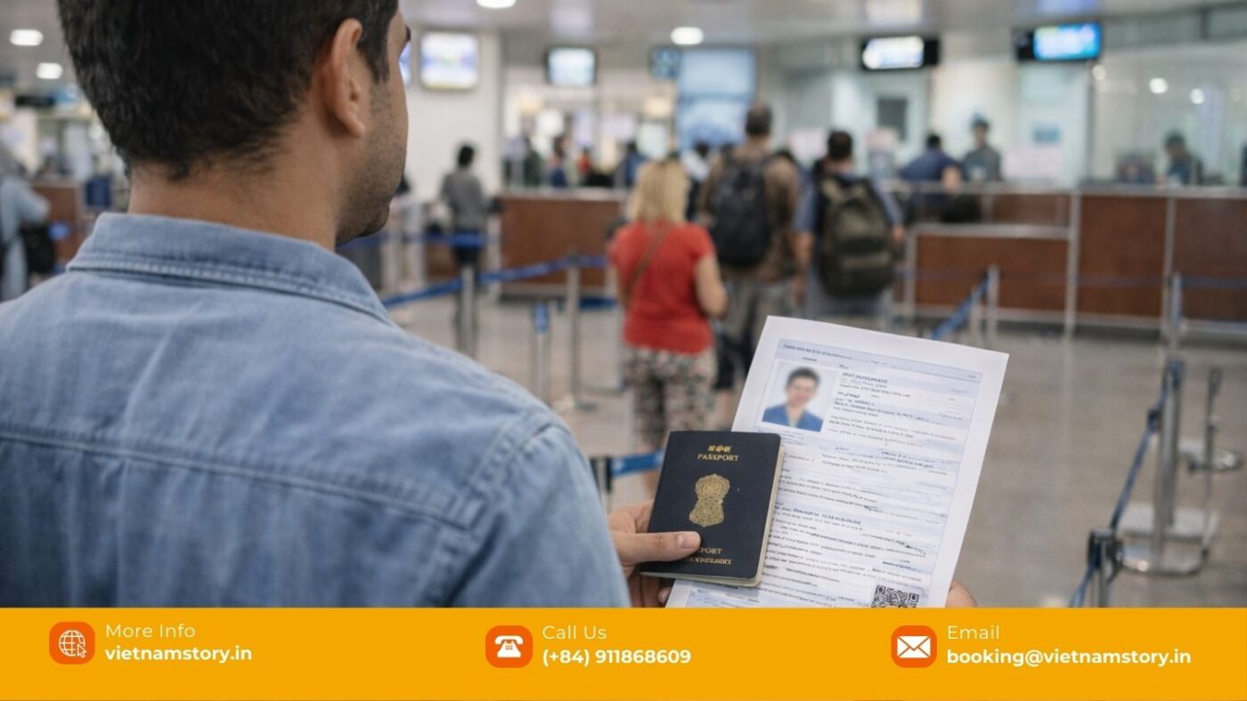 Vietnam Visa And Entry Requirements For Travellers From Delhi 4 Indian traveller holding passport and Vietnam e-visa while waiting at immigration in Vietnam airport